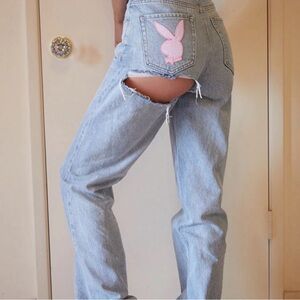 Pacsun Vintage Y2K Wideleg Light Denim Pink Playboy High Waisted Ripped Jeans 23
